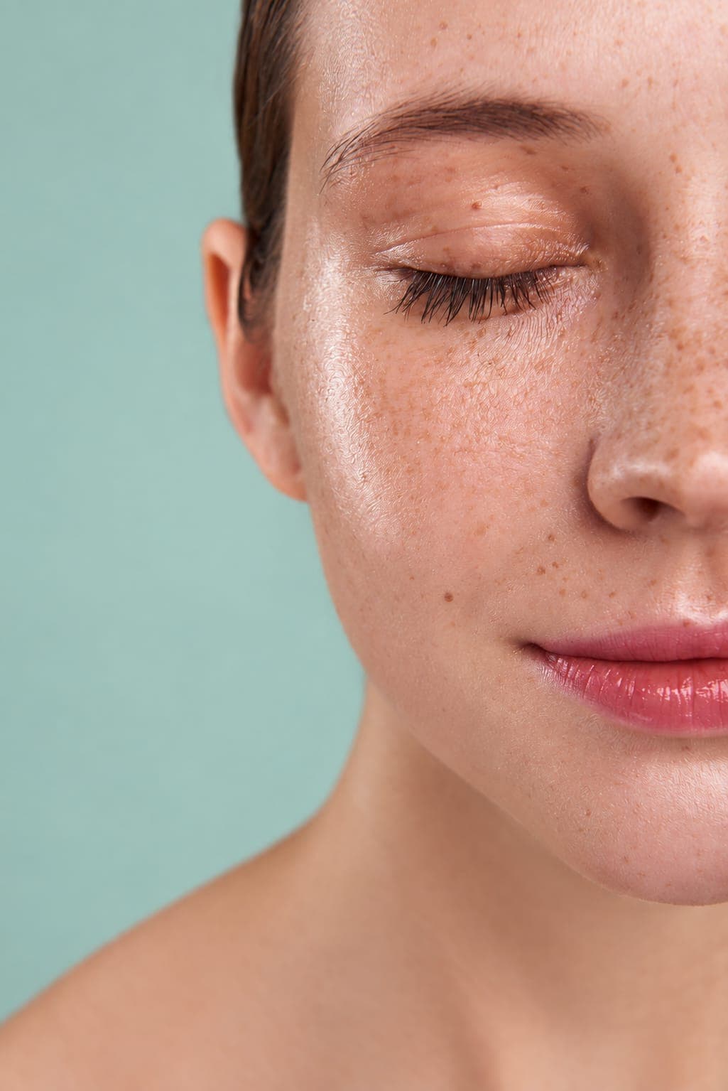 Close-up of glowing, freckled skin, a closed eye and soft pink lips after facial sugaring